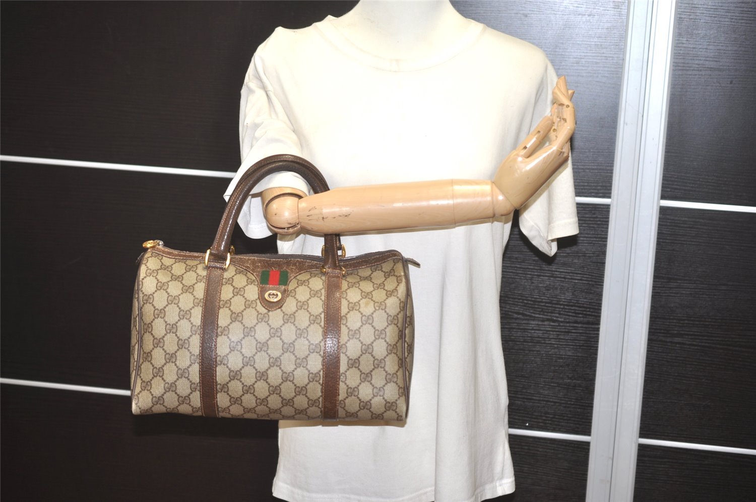 Authentic GUCCI Web Sherry Line Hand Boston Bag GG PVC Leather Brown 7470I