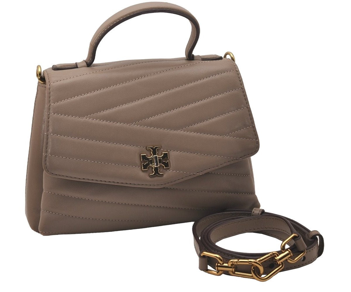 Authentic TORY BURCH KIRA Chevron Leather 2Way Shoulder Hand Bag Beige 7470J