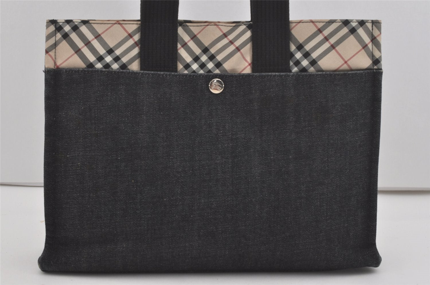 Authentic BURBERRY BLUE LABEL Vintage Check Hand Tote Bag Denim Black 7472I