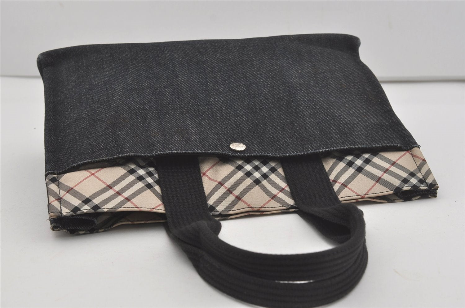 Authentic BURBERRY BLUE LABEL Vintage Check Hand Tote Bag Denim Black 7472I