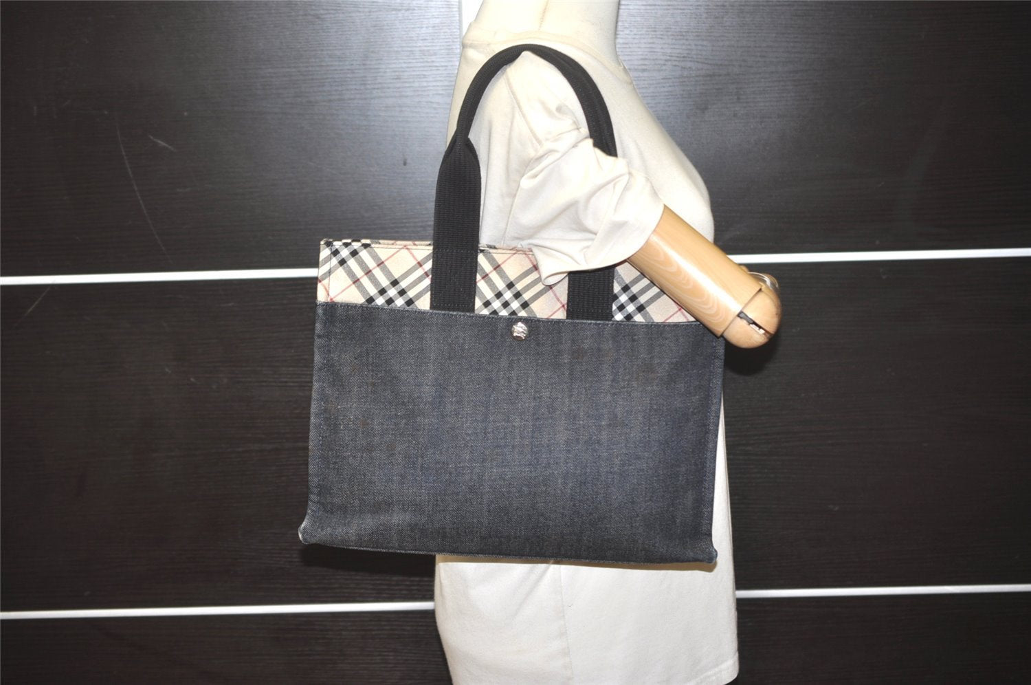 Authentic BURBERRY BLUE LABEL Vintage Check Hand Tote Bag Denim Black 7472I