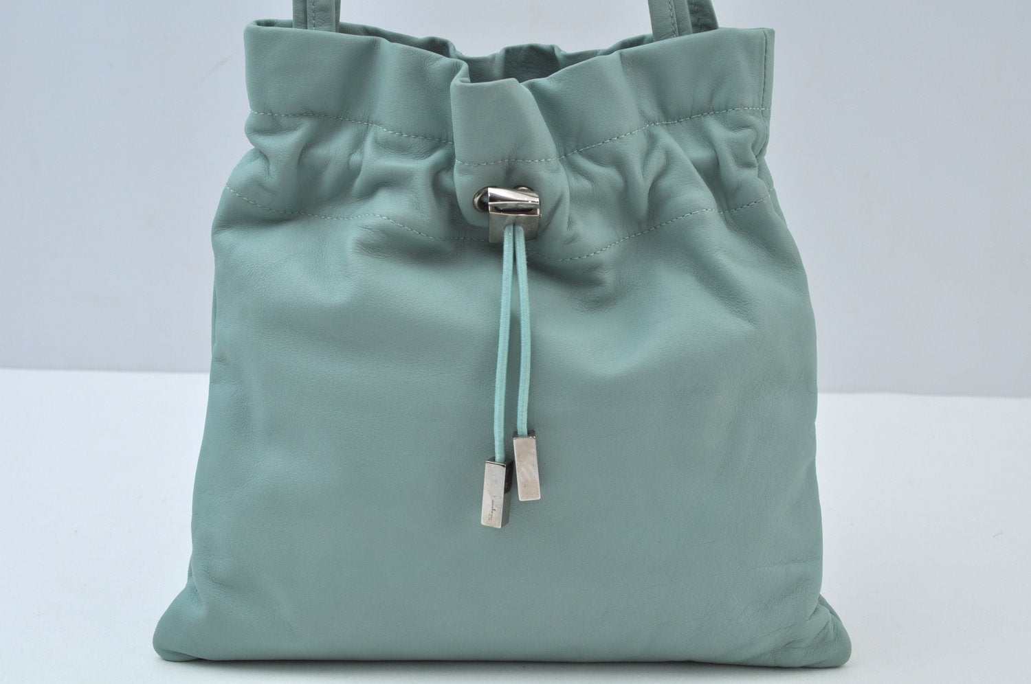 Authentic Salvatore Ferragamo Shoulder Drawstring Bag Leather Light Blue 7474I
