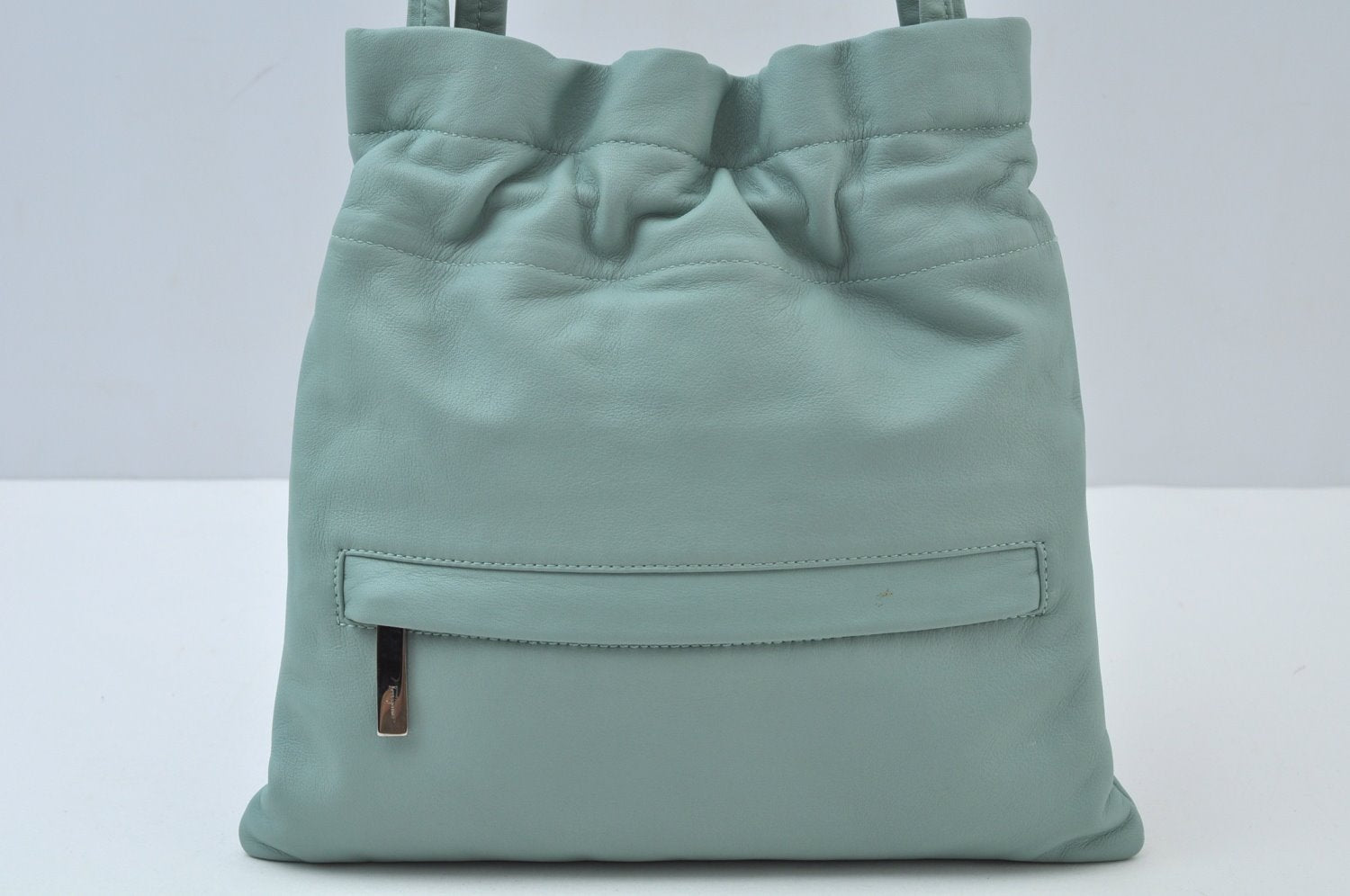 Authentic Salvatore Ferragamo Shoulder Drawstring Bag Leather Light Blue 7474I