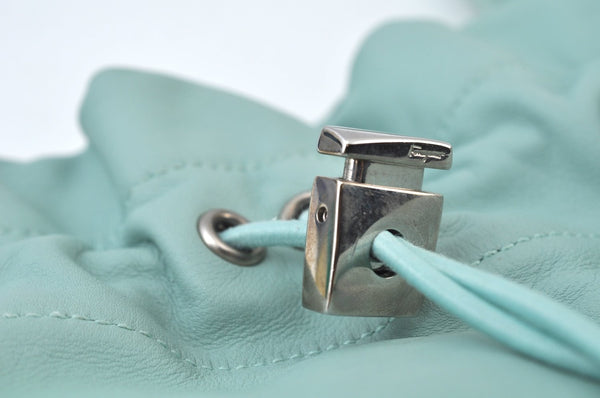 Authentic Salvatore Ferragamo Shoulder Drawstring Bag Leather Light Blue 7474I