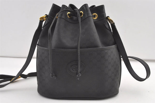 Authentic GUCCI Micro GG PVC Leather Shoulder Drawstring Bag Black Junk 7476J