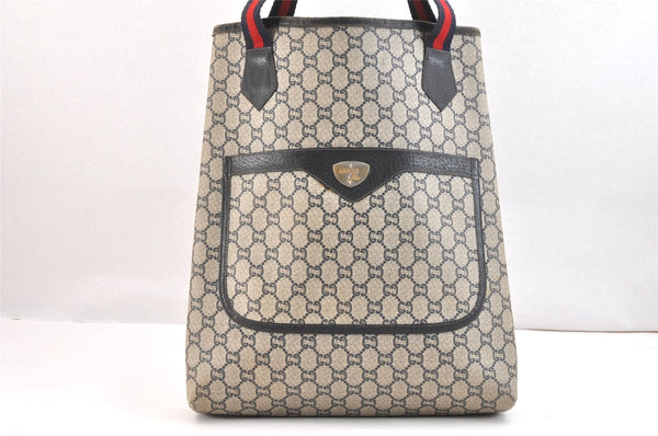 Authentic GUCCI Sherry Line GG Plus Tote Bag PVC Leather Navy Blue 7478K