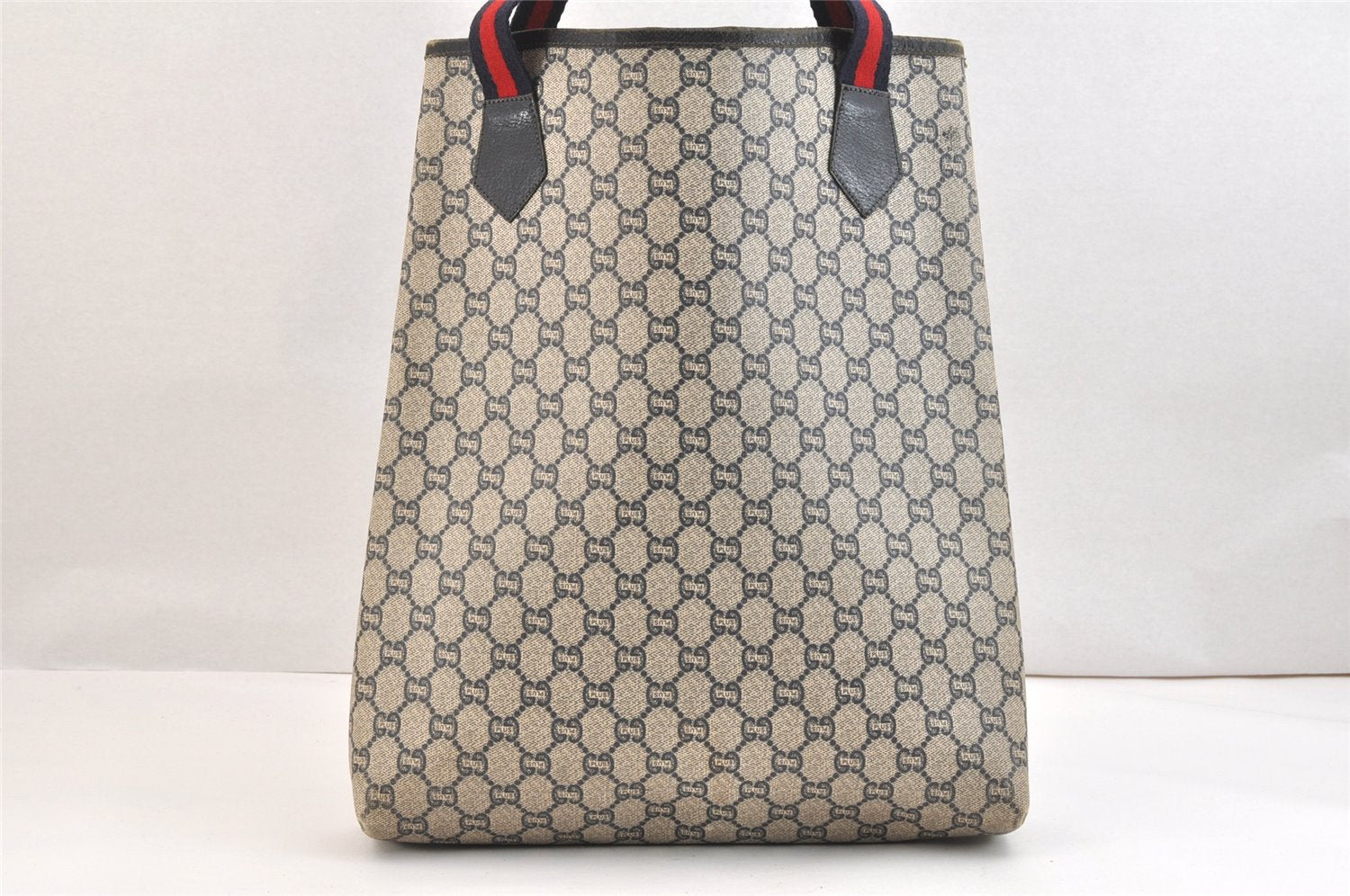 Authentic GUCCI Sherry Line GG Plus Tote Bag PVC Leather Navy Blue 7478K