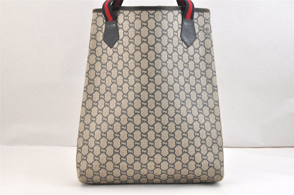 Authentic GUCCI Sherry Line GG Plus Tote Bag PVC Leather Navy Blue 7478K