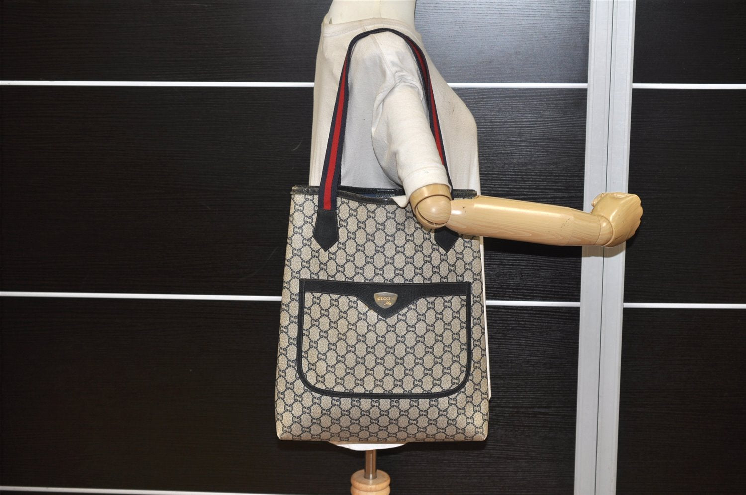 Authentic GUCCI Sherry Line GG Plus Tote Bag PVC Leather Navy Blue 7478K