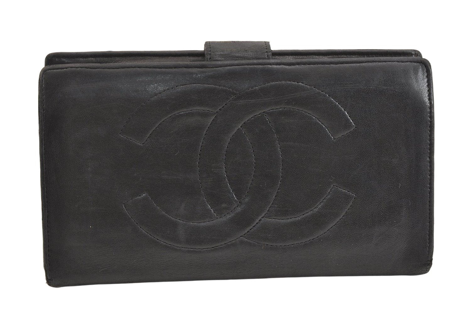 Authentic CHANEL Vintage Calf Skin Long Wallet Purse Black CC Logo 7483K