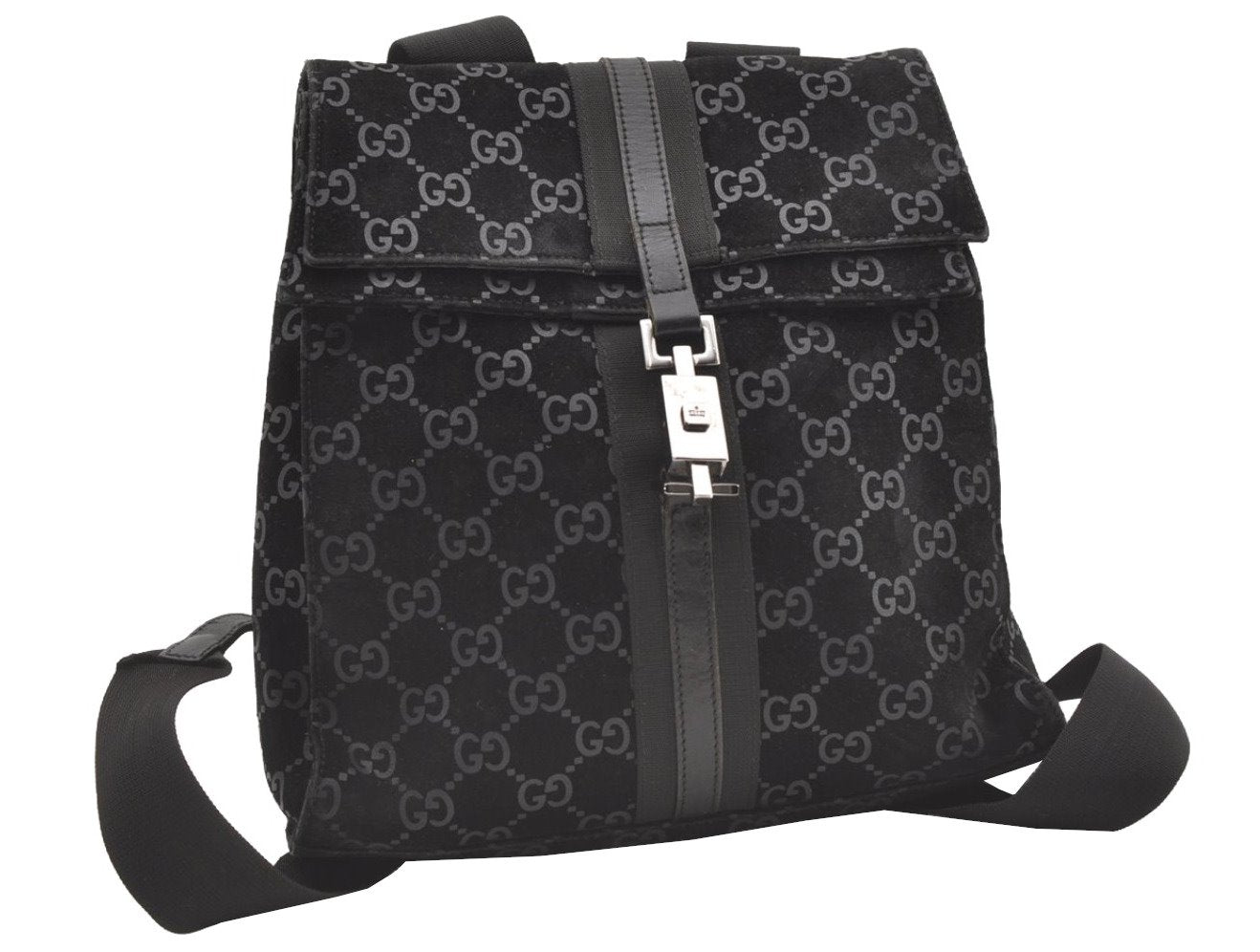 Authentic GUCCI Jackie Backpack Purse GG Suede Leather 0030236 Black 7492J