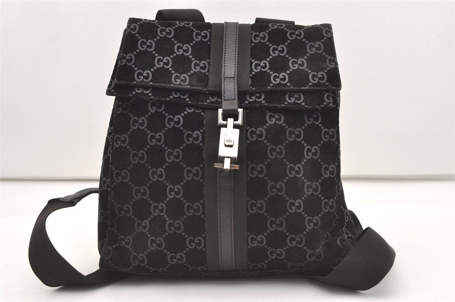 Authentic GUCCI Jackie Backpack Purse GG Suede Leather 0030236 Black 7492J