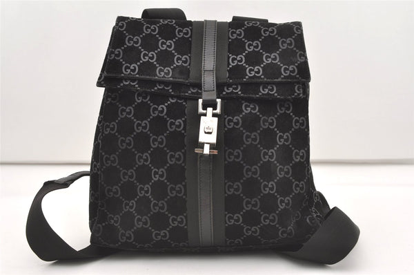 Authentic GUCCI Jackie Backpack Purse GG Suede Leather 0030236 Black 7492J