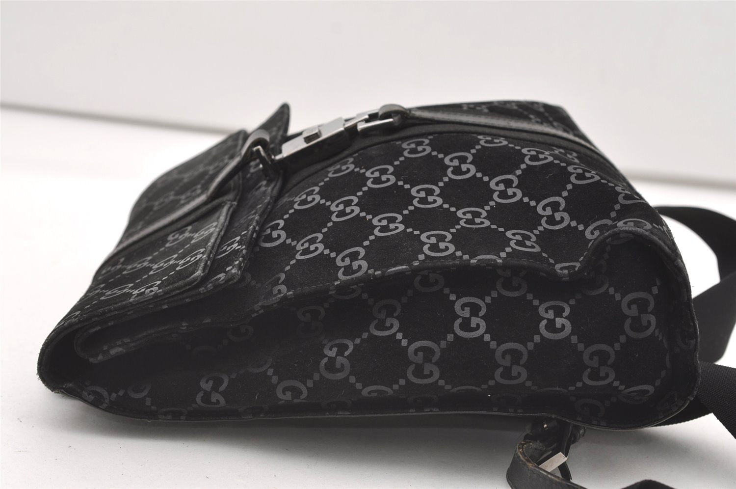 Authentic GUCCI Jackie Backpack Purse GG Suede Leather 0030236 Black 7492J