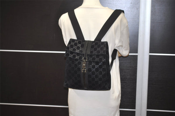 Authentic GUCCI Jackie Backpack Purse GG Suede Leather 0030236 Black 7492J