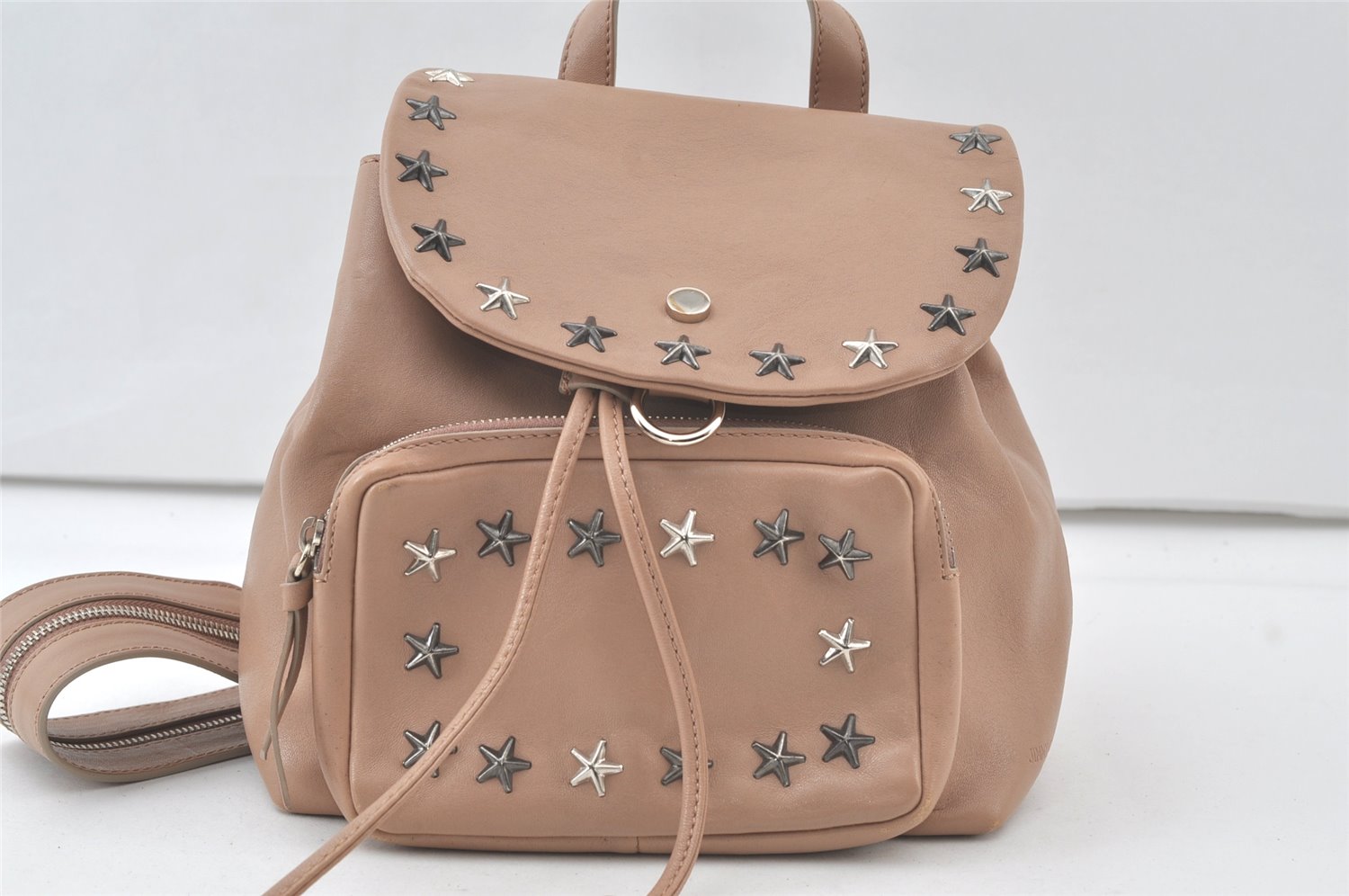 Authentic JIMMY CHOO Vintage Stella Star Studs Leather Backpack Pink Beige 7492K
