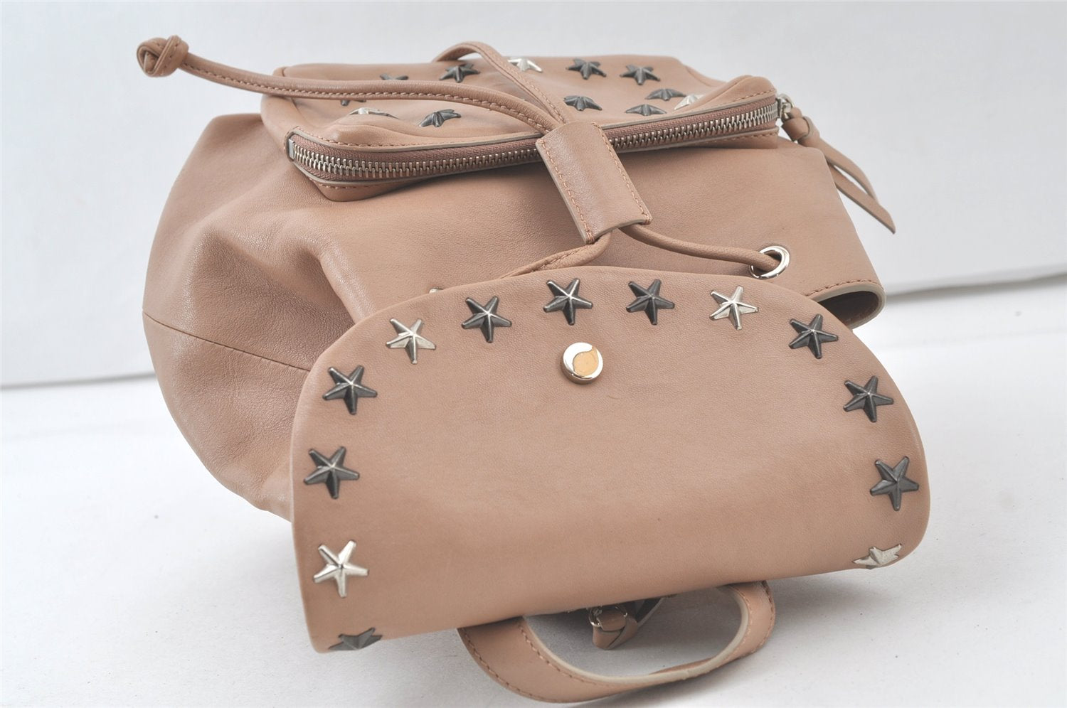 Authentic JIMMY CHOO Vintage Stella Star Studs Leather Backpack Pink Beige 7492K