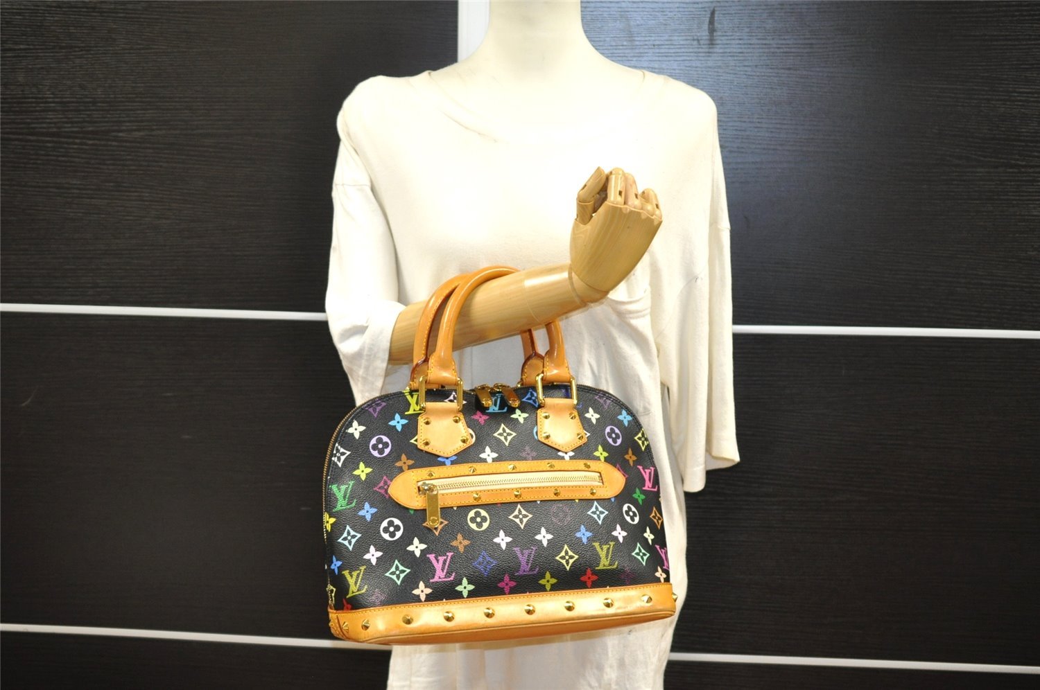 Auth Louis Vuitton Monogram Multicolor Alma PM Black Hand Bag M92646 LV 7495I