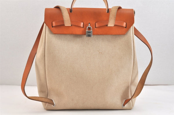 Authentic HERMES Her Bag Ado 2 In 1 2Way Backpack Canvas Leather White  7495K