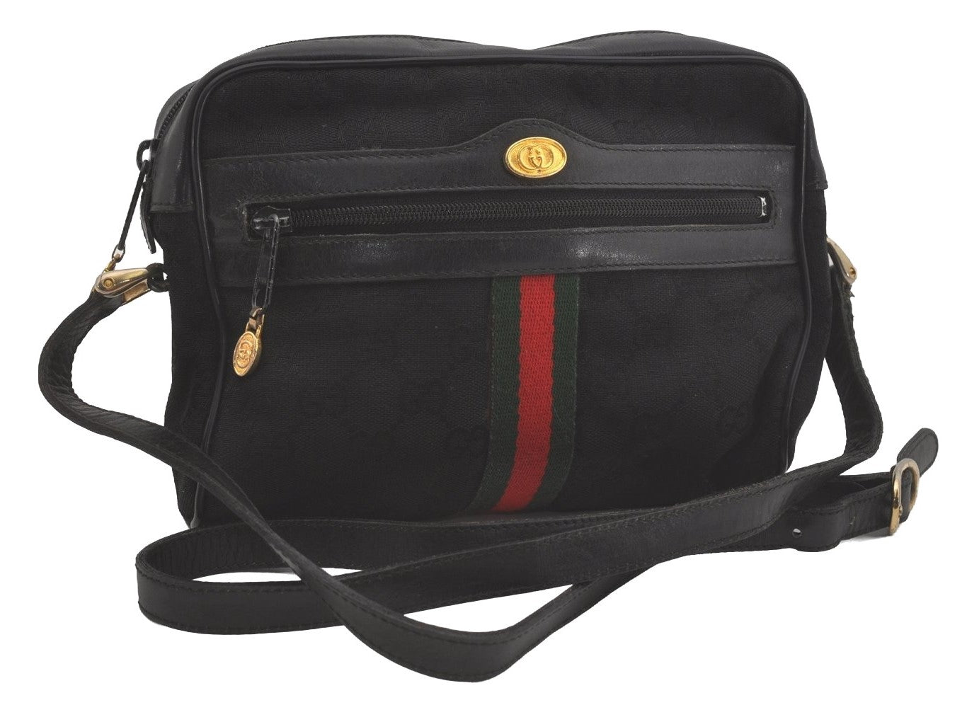 Authentic GUCCI Web Sherry Line Shoulder Cross Bag GG Canvas Leather Black 7499I