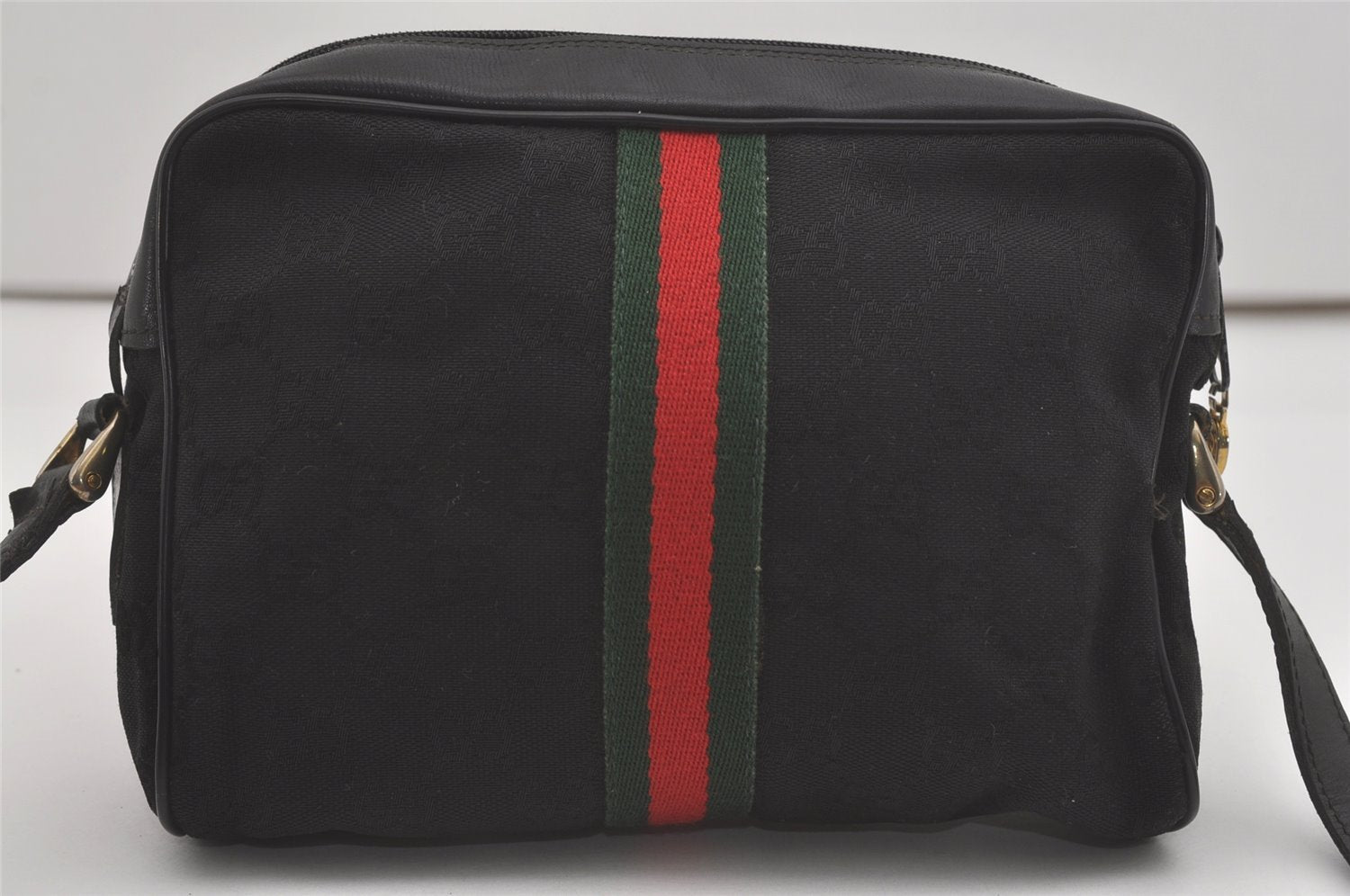 Authentic GUCCI Web Sherry Line Shoulder Cross Bag GG Canvas Leather Black 7499I