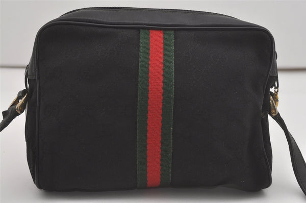 Authentic GUCCI Web Sherry Line Shoulder Cross Bag GG Canvas Leather Black 7499I