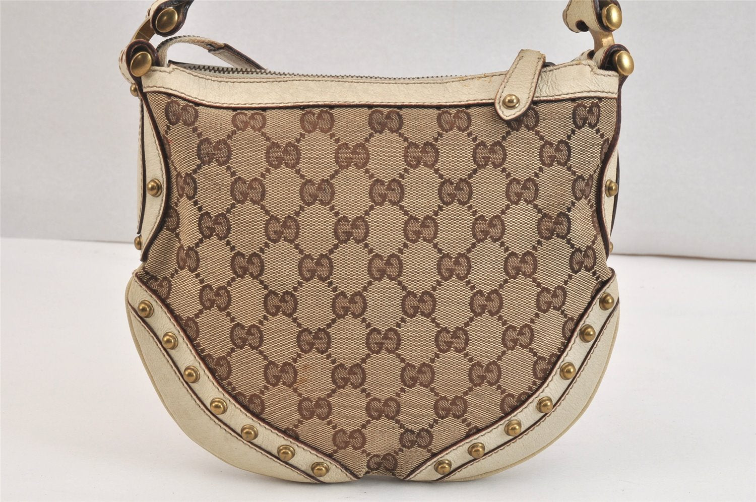 Auth GUCCI Sherry Line Studs Shoulder Bag GG Canvas Leather 144157 Brown 7499K