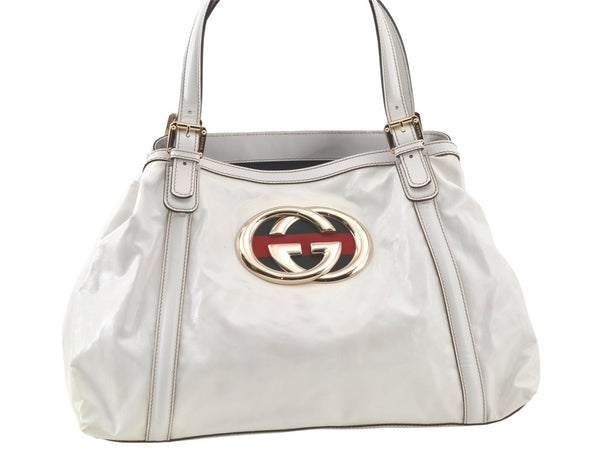 Authentic GUCCI Web Sherry Line Britt Tote Bag Leather 162094 White 7500K