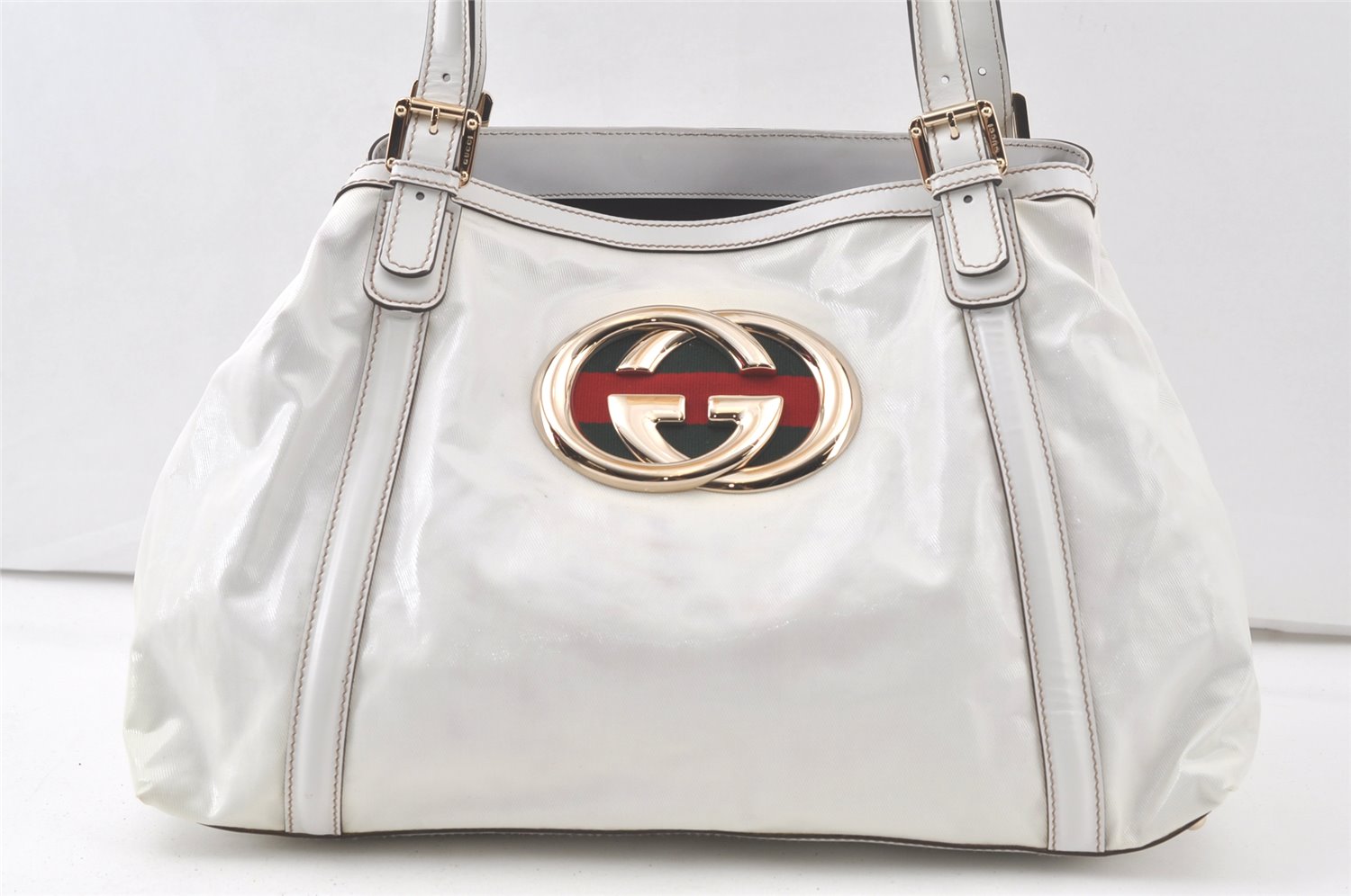 Authentic GUCCI Web Sherry Line Britt Tote Bag Leather 162094 White 7500K