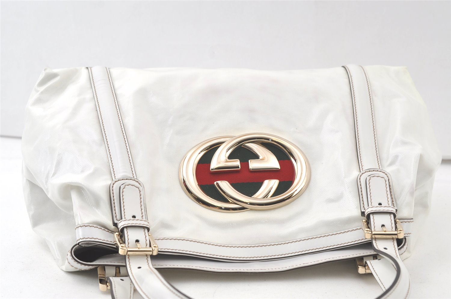 Authentic GUCCI Web Sherry Line Britt Tote Bag Leather 162094 White 7500K