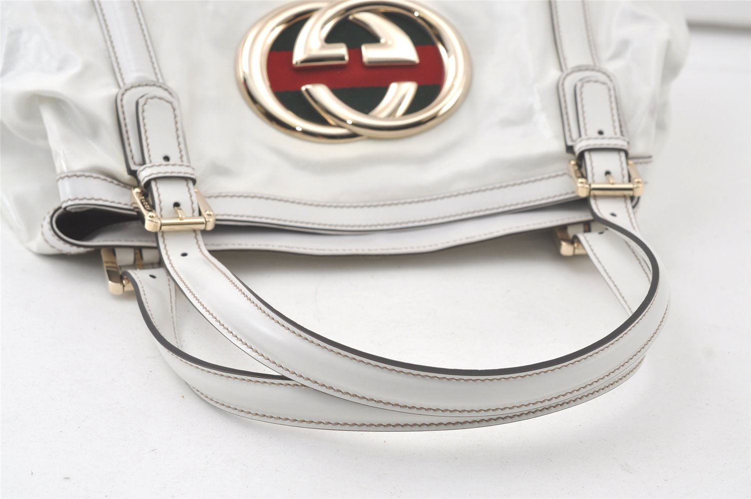 Authentic GUCCI Web Sherry Line Britt Tote Bag Leather 162094 White 7500K