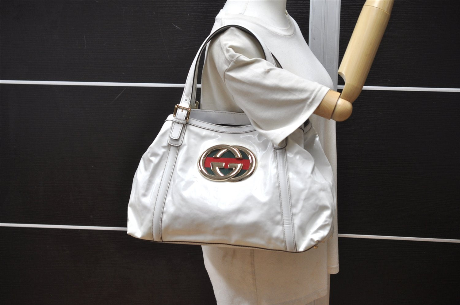 Authentic GUCCI Web Sherry Line Britt Tote Bag Leather 162094 White 7500K