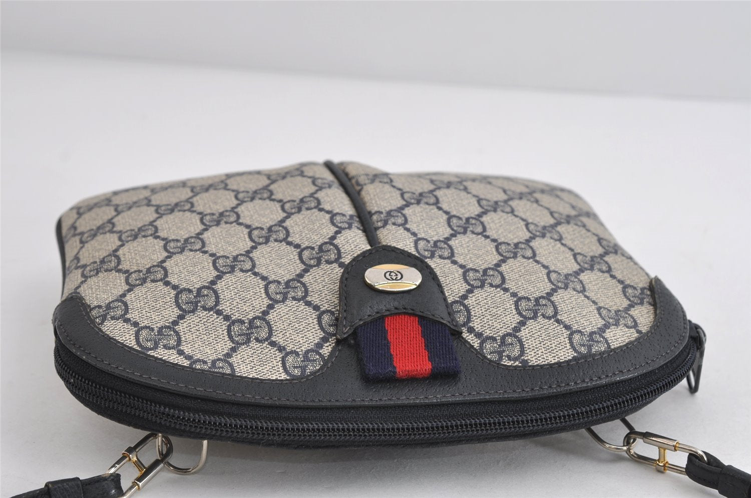 Authentic GUCCI Sherry Line Shoulder Cross Bag GG PVC Leather Navy Blue 7501I