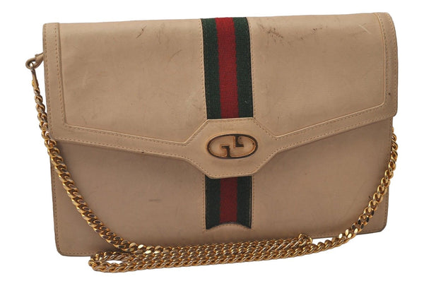 Authentic GUCCI Web Sherry Line Shoulder Bag Purse Leather White 7502J