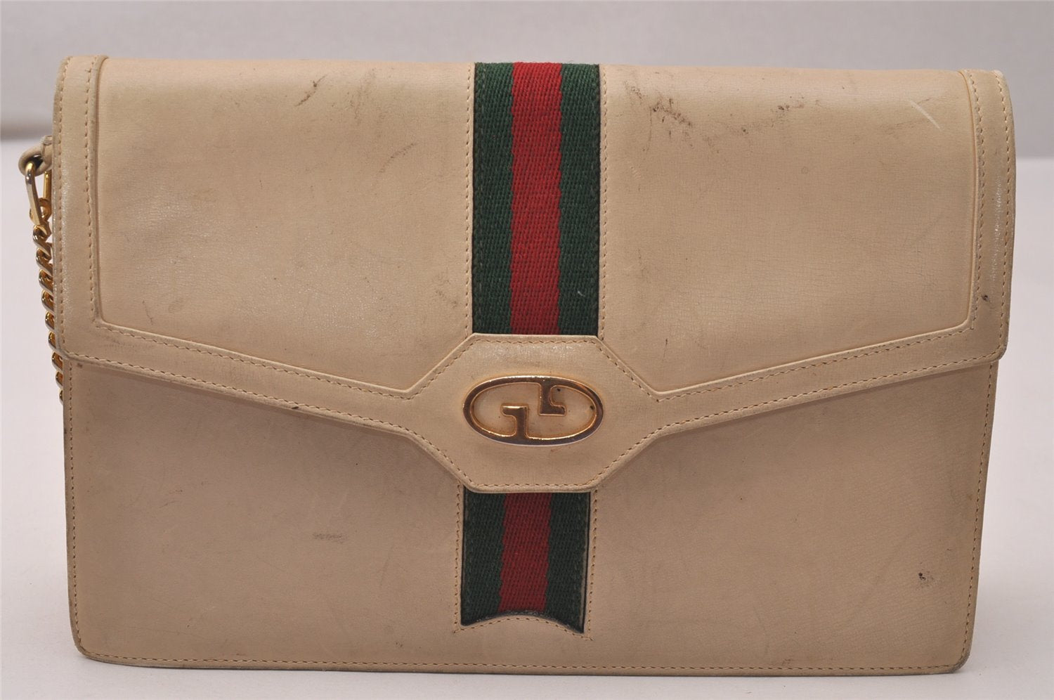 Authentic GUCCI Web Sherry Line Shoulder Bag Purse Leather White 7502J