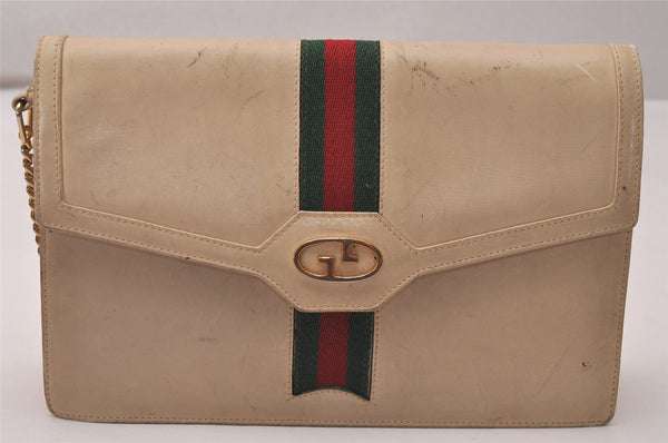 Authentic GUCCI Web Sherry Line Shoulder Bag Purse Leather White 7502J