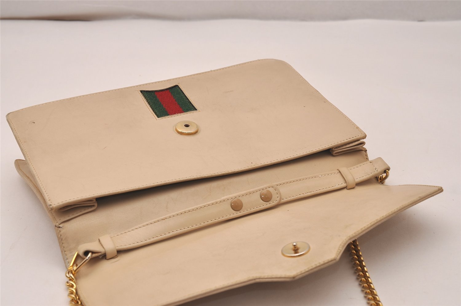 Authentic GUCCI Web Sherry Line Shoulder Bag Purse Leather White 7502J