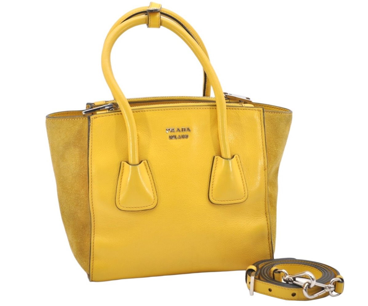 Authentic PRADA Leather Nappa Suede 2Way Shoulder Hand Bag Purse Yellow 7513K