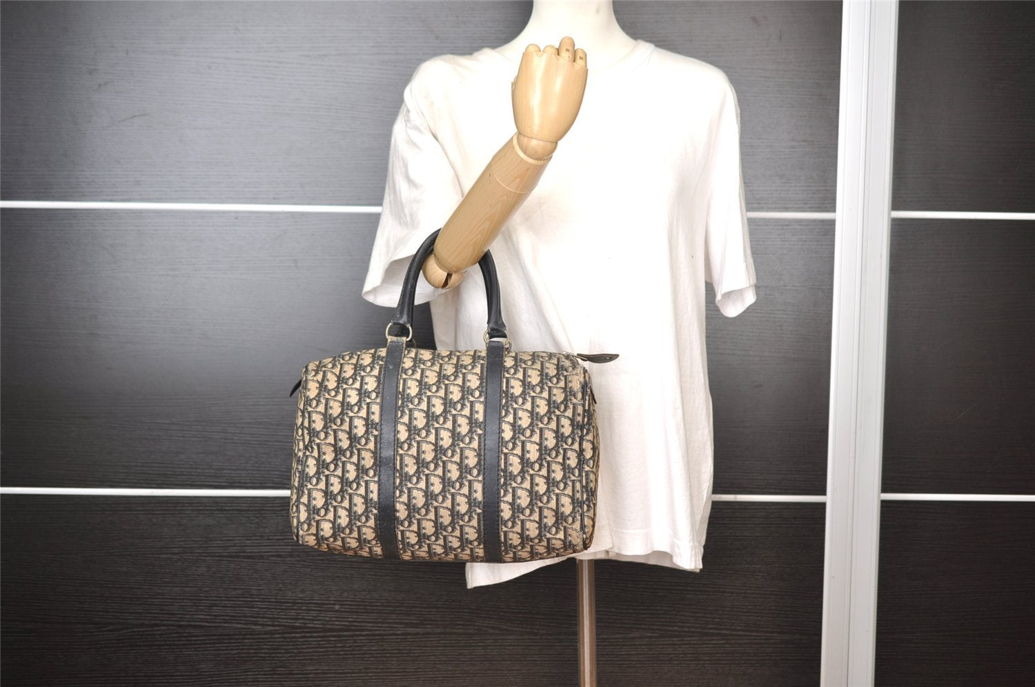 Authentic Christian Dior Trotter Hand Boston Bag Canvas Leather Blue 7527I