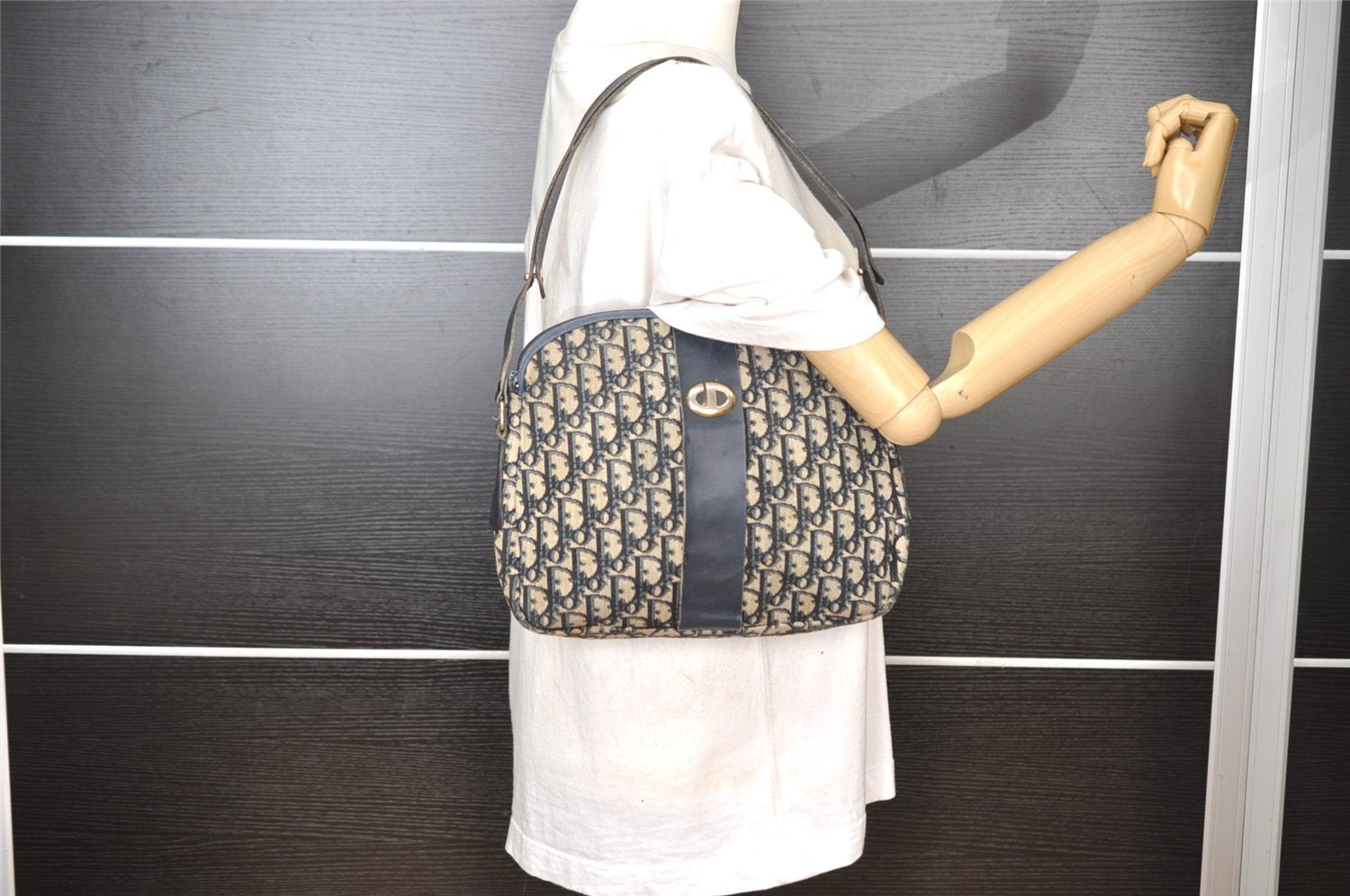 Authentic Christian Dior Trotter Shoulder Bag Purse Canvas Leather Blue 7528I