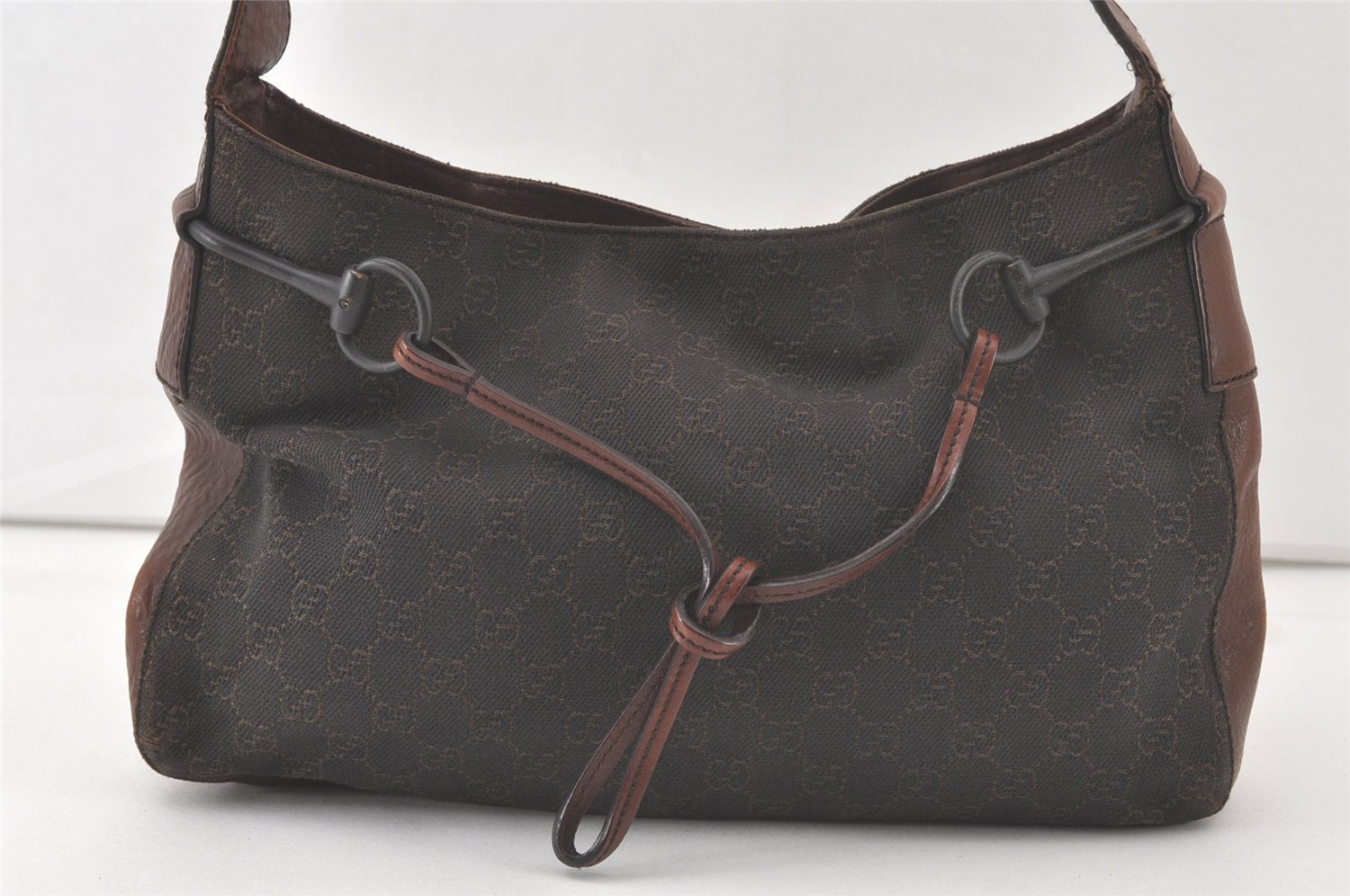 Authentic GUCCI Horsebit Shoulder Bag Purse GG Canvas Leather 101975 Brown 7528K