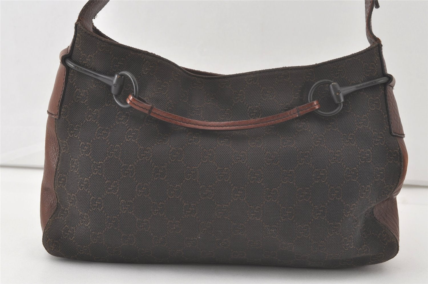 Authentic GUCCI Horsebit Shoulder Bag Purse GG Canvas Leather 101975 Brown 7528K