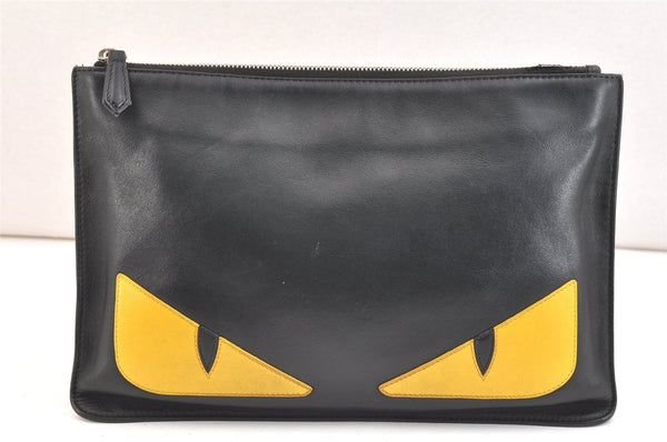 Authentic FENDI Monster Eye Bag Bugs Clutch Hand Bag Purse Leather Black 7531K