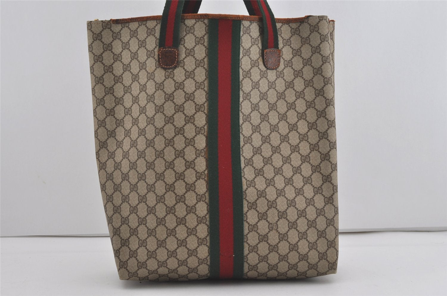 Authentic GUCCI Web Sherry Line Shoulder Tote Bag GG PVC Leather Brown 7537I