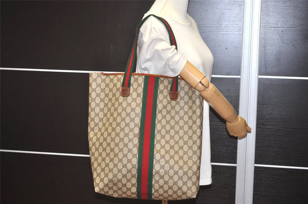 Authentic GUCCI Web Sherry Line Shoulder Tote Bag GG PVC Leather Brown 7537I