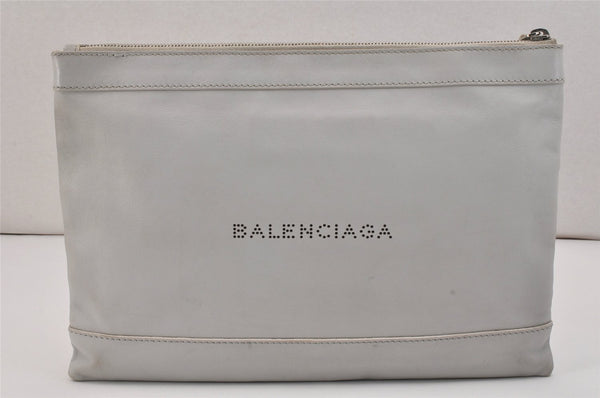 Authentic BALENCIAGA Clip M Logo Clutch Bag Purse Calf Skin 373834 White 7538K