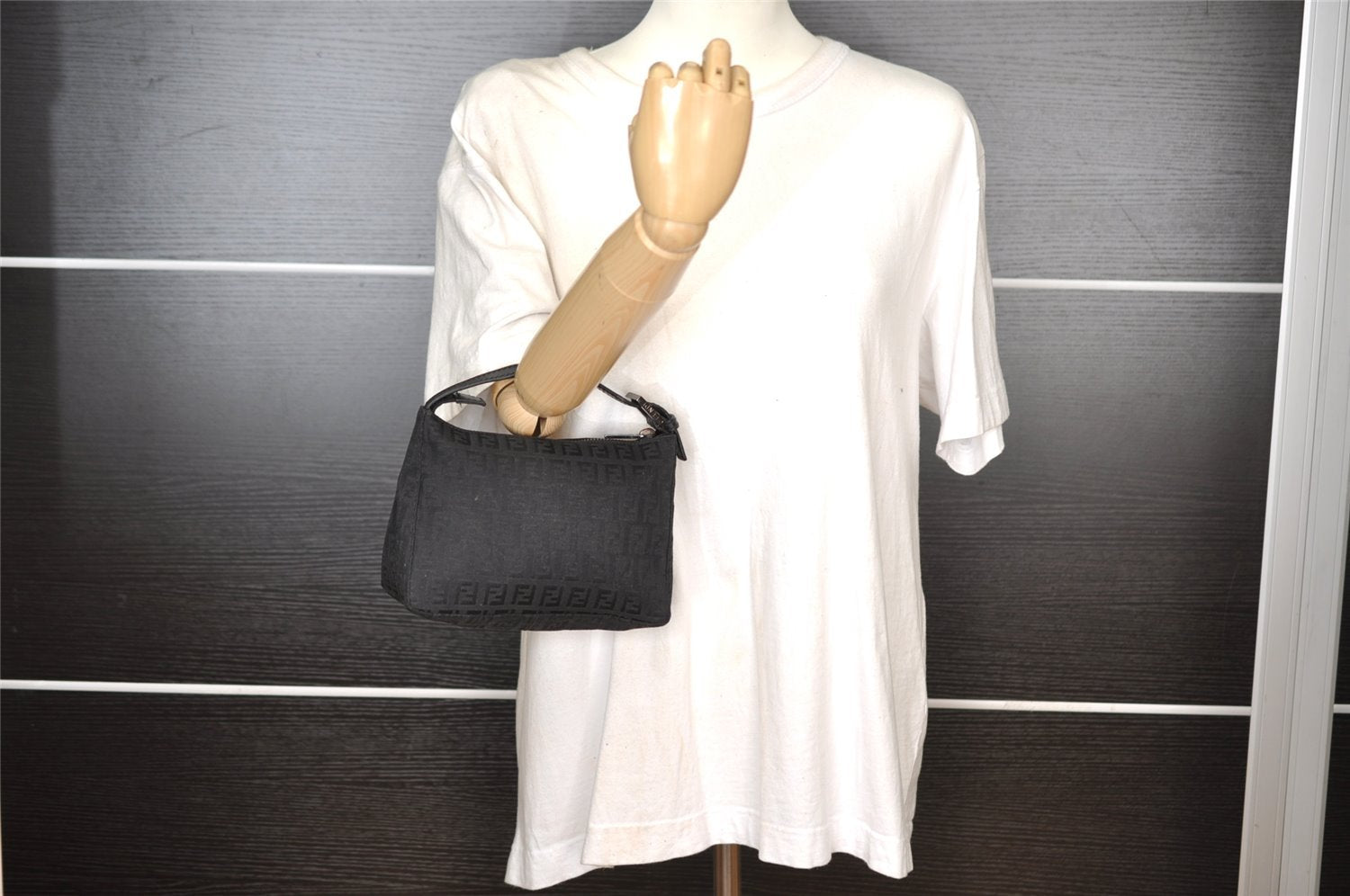 Authentic FENDI Zucchino Vintage Hand Bag Purse Canvas Leather Black 7541I