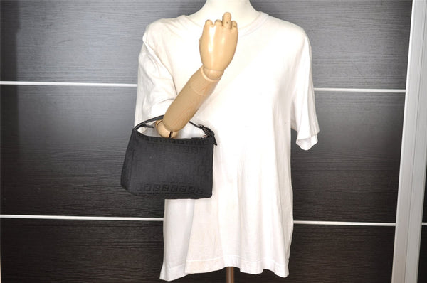 Authentic FENDI Zucchino Vintage Hand Bag Purse Canvas Leather Black 7541I