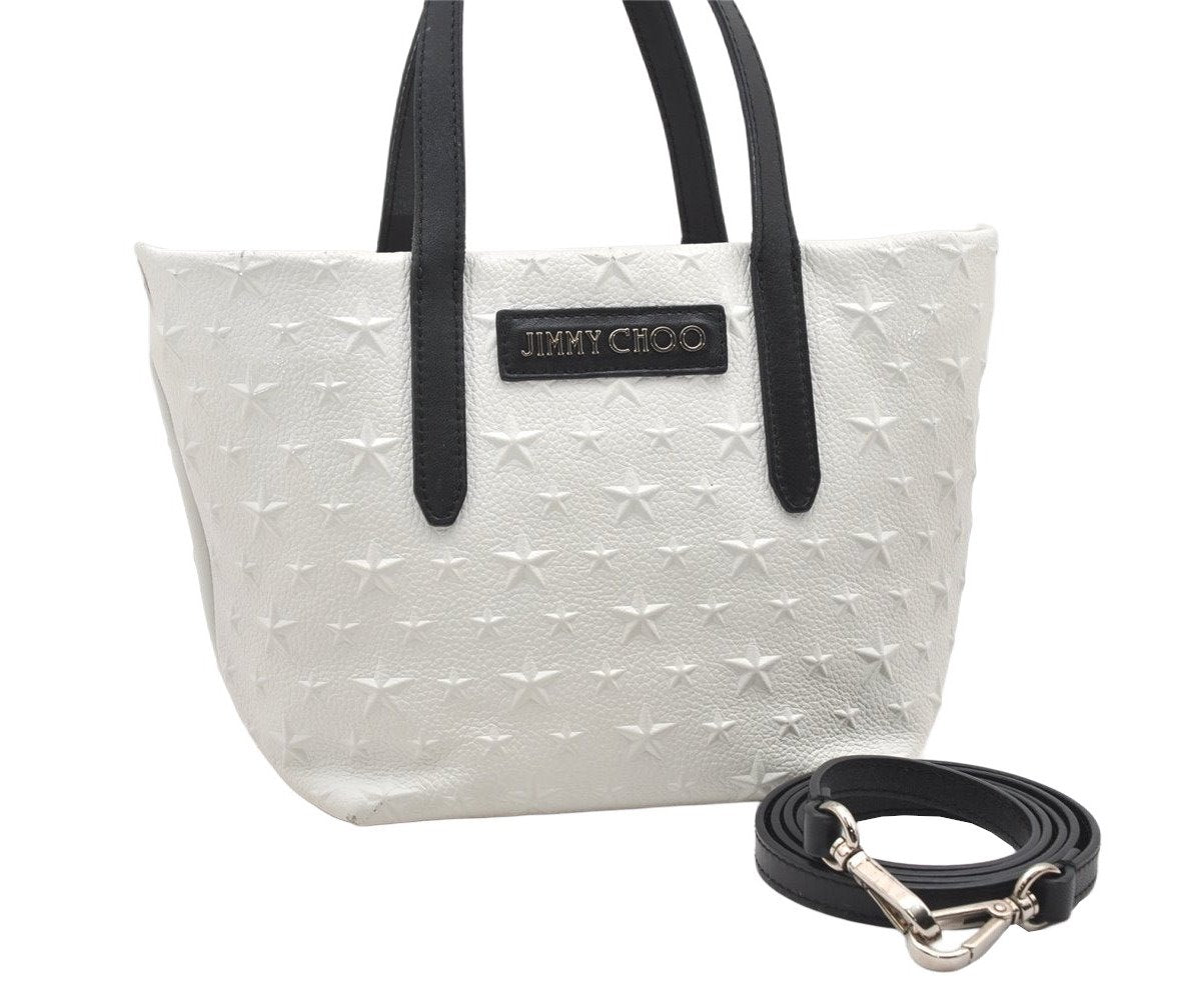 Authentic JIMMY CHOO Stella Star Pattern Leather 2Way Hand Bag White 7542K
