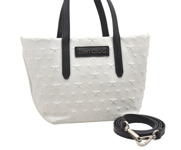 Authentic JIMMY CHOO Stella Star Pattern Leather 2Way Hand Bag White 7542K